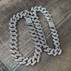 Lot of 2 Iced Out Cuban Link Bracelets Silver Tone Bling Hip Hop Jewelry